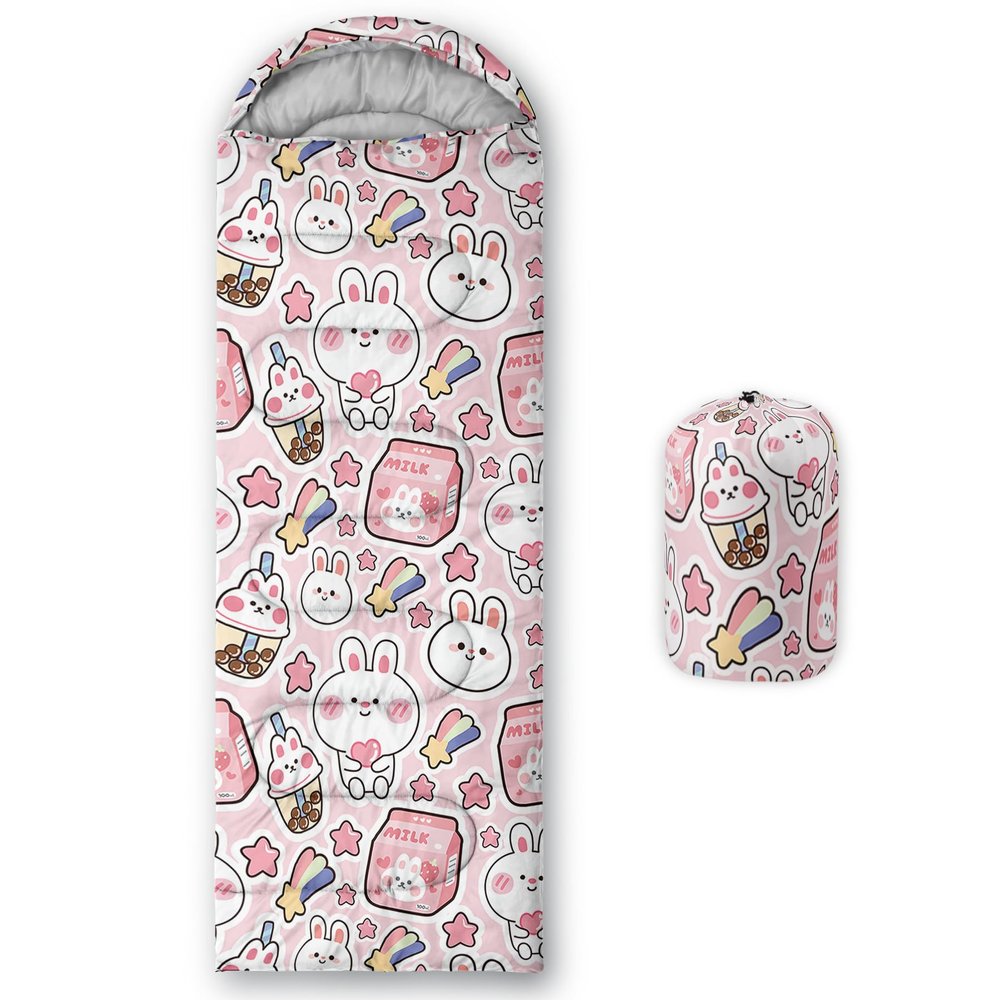 QOOMO Kawaii Rabbit Printed Camping Sleeping Bags,3 Season Warm & Cool Weather,Lightweight,Waterproof Sleeping Bags for Adults & Kids,Traveling,and Outdoors,Camping Gear Equipment,31x90inch