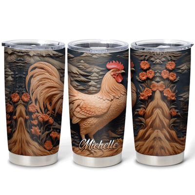 Hyturtle Personalized Gifts For Chicken Lover - Rooster Prints Custom Name Stainless Steel Tumbler 20oz With Lid - Idea Farm Animals Lover Gifts For Women, Girl, Kids On Birthday, Christmas