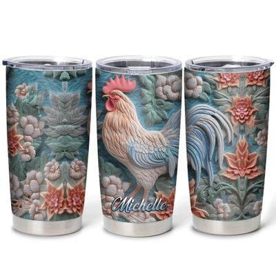 Hyturtle Personalized Gifts For Chicken Lover - Rooster Prints Custom Name Stainless Steel Tumbler 20oz With Lid - Idea Farm Animals Lover Gifts For Women, Girl, Kids On Birthday, Christmas