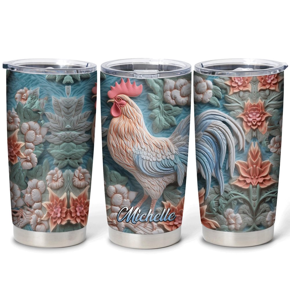Hyturtle Personalized Gifts For Chicken Lover - Rooster Prints Custom Name Stainless Steel Tumbler 20oz With Lid - Idea Farm Animals Lover Gifts For Women, Girl, Kids On Birthday, Christmas