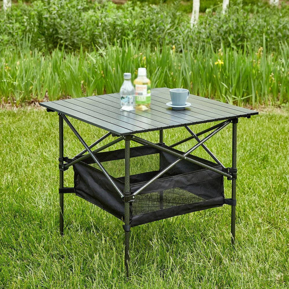 Outdoor Folding Table with Carrying Bag, Folding Camping Table, Lightweight Aluminum Roll-up Square Table for Indoor, Outdoor, Camping, Backyard, BBQ, Party, Patio, Beach, Picnic, Black