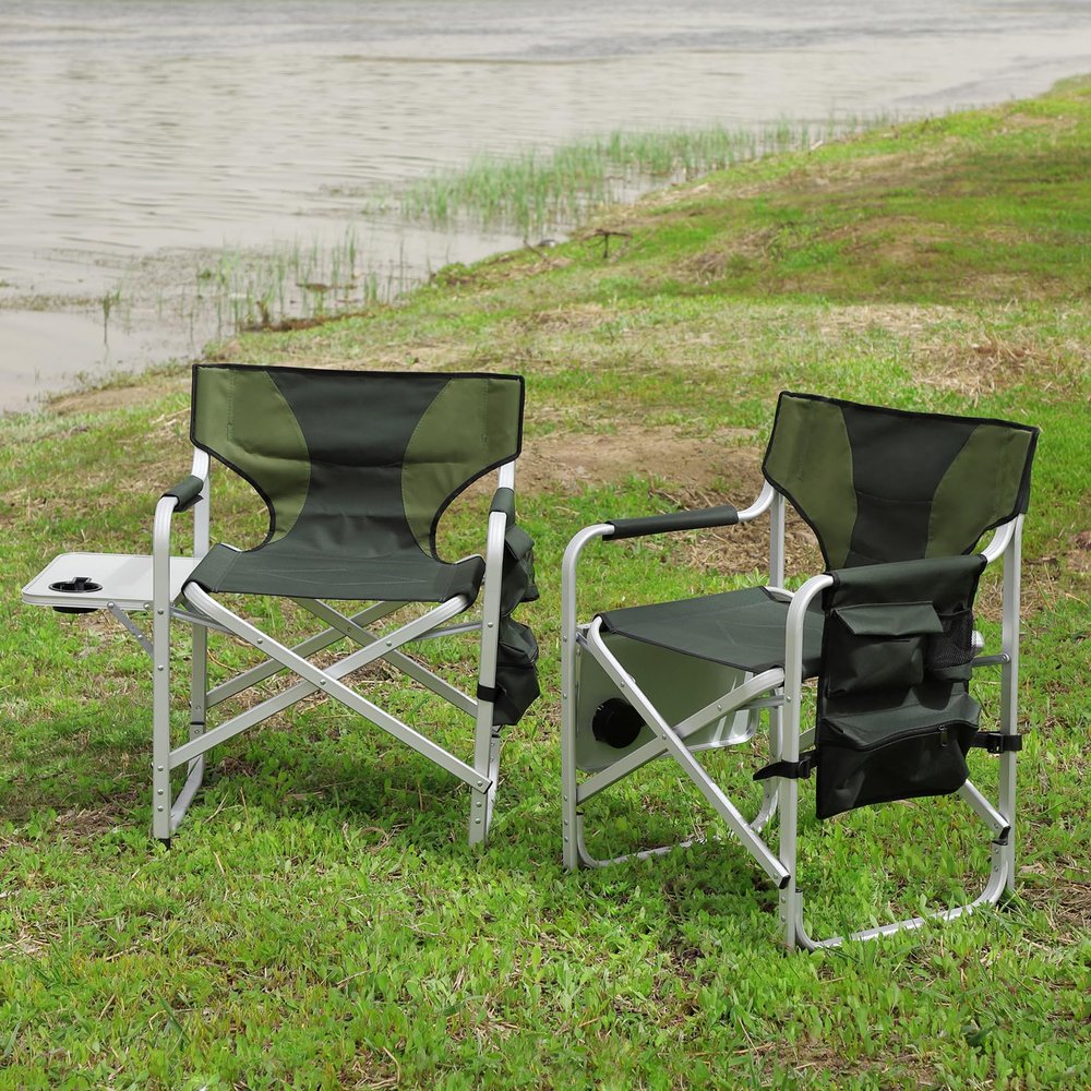 2 Pack Camping Chair, Padded Folding Outdoor Chair with Side Table and Storage Pockets, Lightweight Oversized Directors Chair Fishing Chair for Picnics, BBQ, Beach, Backyard, Party, Patio, Lawn, Green