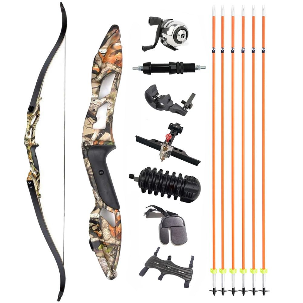 56" Recurve Bowfishing Kit 30-50Lbs Bowfishing Bow with Reel Kits Aluminum Alloy Longbow for Outdoor Hunting Fishing (30 Lbs, camo)