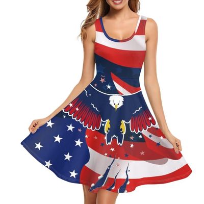 Qznuberone Amercian Flag 4th of July Dress for Women Summer Sleeveless Eagle Red White and Blue Sundress (Amercian Flag Eagle,S)