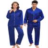 DIKFA Silk Pajama Set for Men 2 Pcs Satin Sleepwear Long Sleeve Sleep-shirt with Pants Nightwear Sets for Couples S-XXL Navy Blue