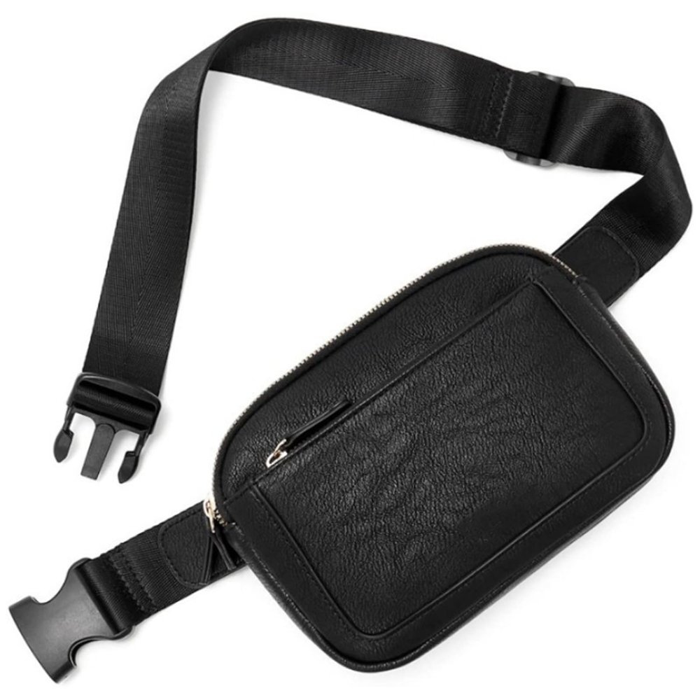 Walbest Belt Bag for Women Men Crossbody, Fanny Pack Chest Bag Small for Running, Adjustable Shoulder Strap Faux Leather Waist Packs with Buckle for Hiking Running Workout Travelling Cycling Black