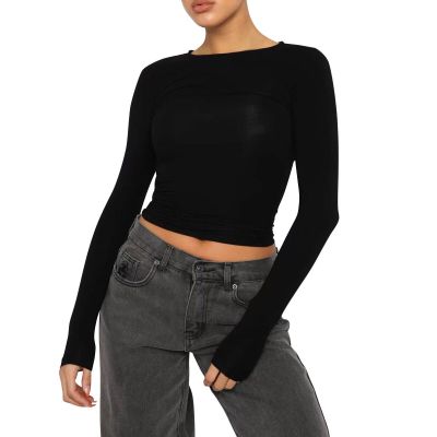 Womens Cute Casual Y2K Tops Crop Long Sleeve Workout Tops Basic Trendy Crewneck Slim Fit Undershirts for Teen Girls Black