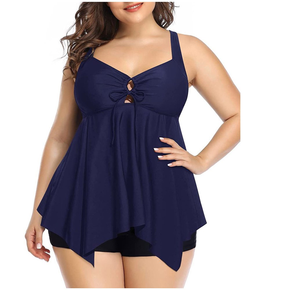 2023 Modest Tankini Swimsuits for Women Plus Size Two Piece Bathing Suits Tie Front Floral Print Tank Top w Boyshorts Navy