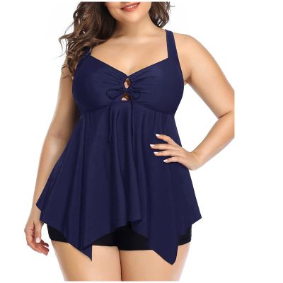 2023 Modest Tankini Swimsuits for Women Plus Size Two Piece Bathing Suits Tie Front Floral Print Tank Top w Boyshorts Navy