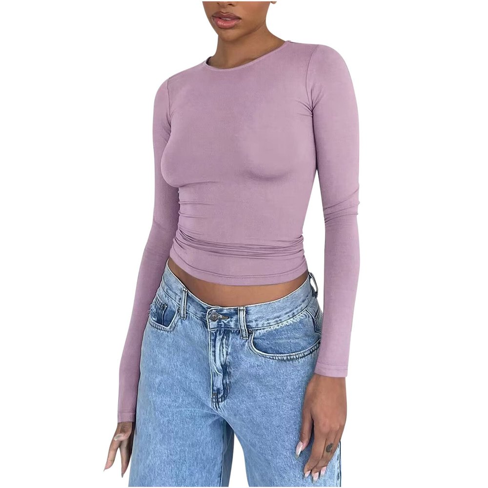 Womens Cute Casual Y2K Tops Crop Long Sleeve Workout Tops Basic Trendy Crewneck Slim Fit Undershirts for Teen Girls Purple