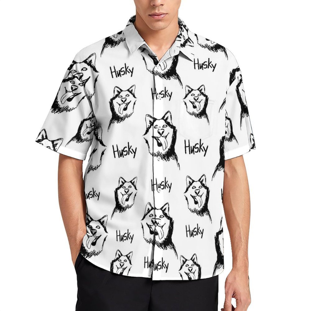 Funny Husky Face Men's Shirts Short Sleeve Button Down Beach Hawaiian Shirts Casual Tee Tops with Pocket 3XL