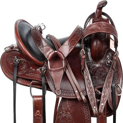 Western Horse Saddle TACK Headstall REINS Breastplate Hand Carved Cowhide Leather Pleasure Trail Endurance Riding Set ME-WLS-125 (12" Seat)