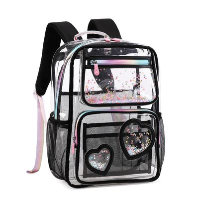 KIDNUO Clear Backpack for Girls,Clear Bookbag Heavy Duty Transparent Backpacks for Stadium Events, See Through Back Pack for Kindergarten Elementary Middle High School (Black)