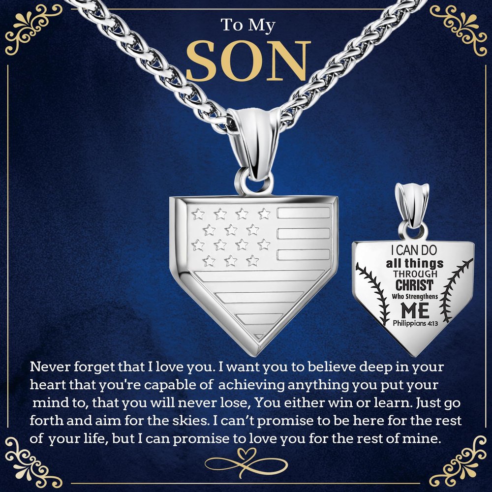 Sentimental Home Plate Baseball Gift with Box | To My Son Necklace From Mom Dad Parent Stainless Steel American Flag Scripture Birthday Christmas Gift for Men Silver Bible Verse Philippians 4:13
