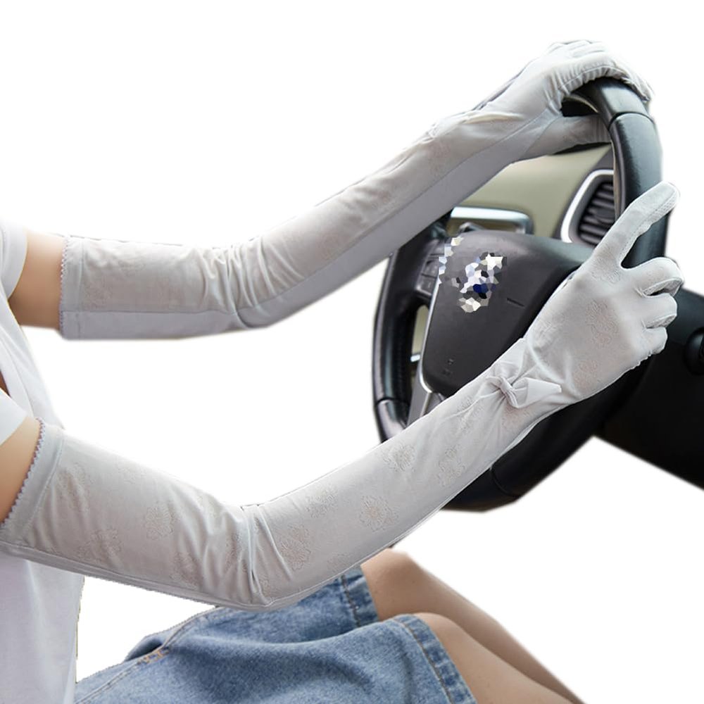 Flush of Dawn Summer Women Long Sleeve Driving Goves Lace Sun UV Protection Sleeves Driving Arm Sleeve Outdoor Sunscreen Gloves (Gray Bowknot)