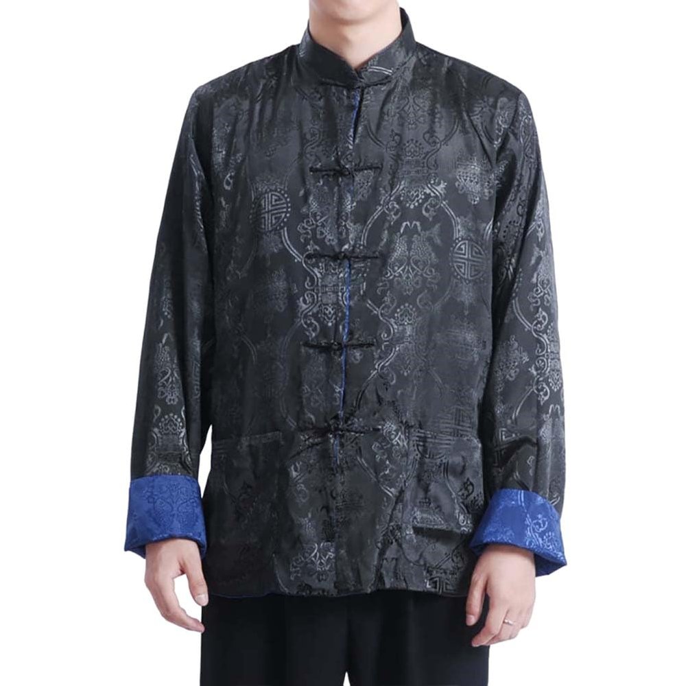 Chinese Style Wedding Long Cheongsam Robe Tang Suit Men Mandarin Collar Martial Arts Kung Fu Hanfu Uniform (50-Blue/Black, L)