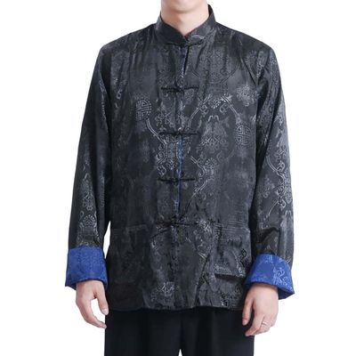 Chinese Style Wedding Long Cheongsam Robe Tang Suit Men Mandarin Collar Martial Arts Kung Fu Hanfu Uniform (50-Blue/Black, M)