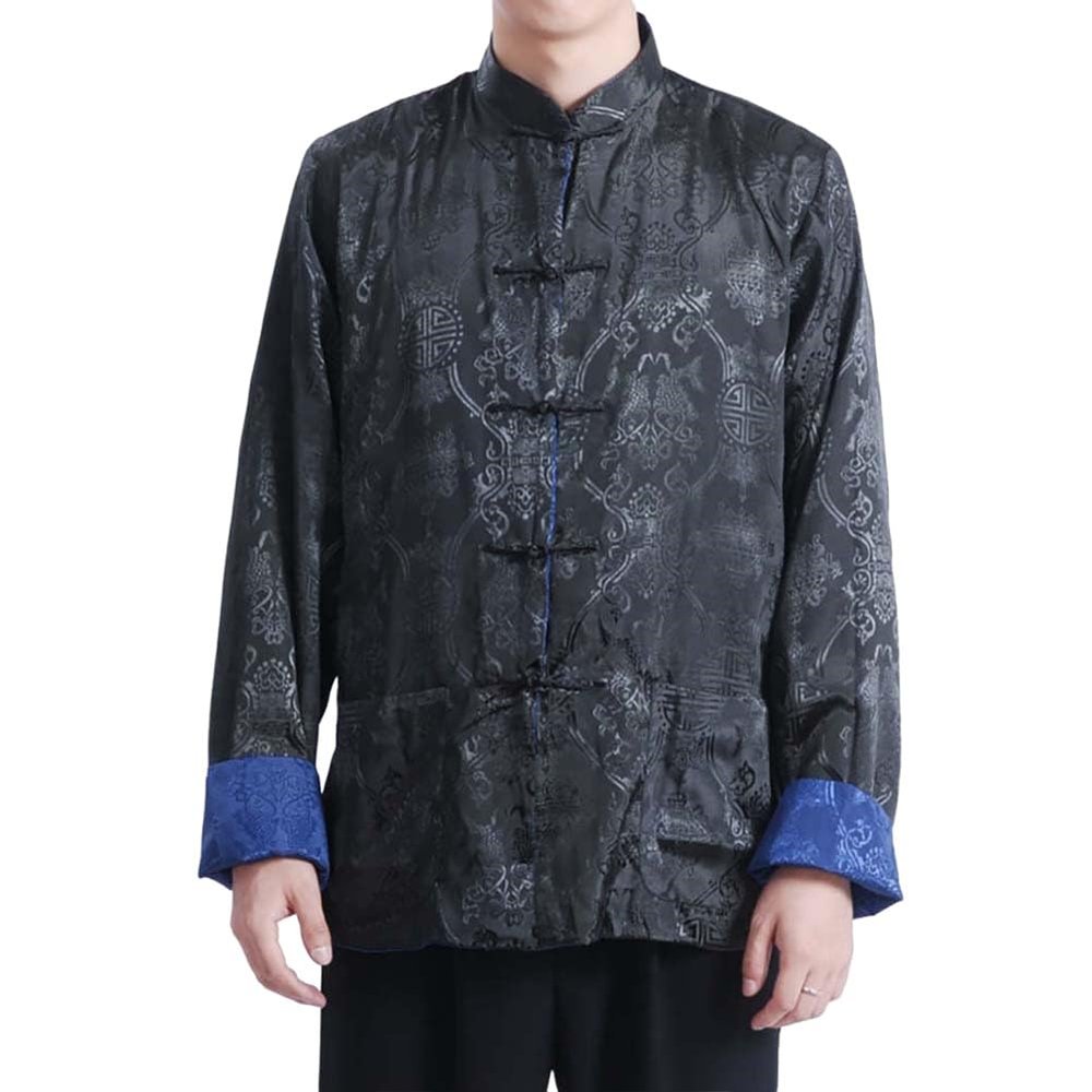 Chinese Style Wedding Long Cheongsam Robe Tang Suit Men Mandarin Collar Martial Arts Kung Fu Hanfu Uniform (50-Blue/Black, M)