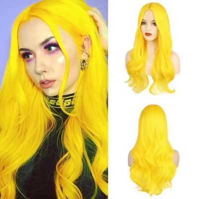 AISI QUEENS Wig for Women - Long Curly Wavy Cute Colorful Synthetic Hair Wigs for Christmas Cosplay & Daily Parties (26inch, Yellow)
