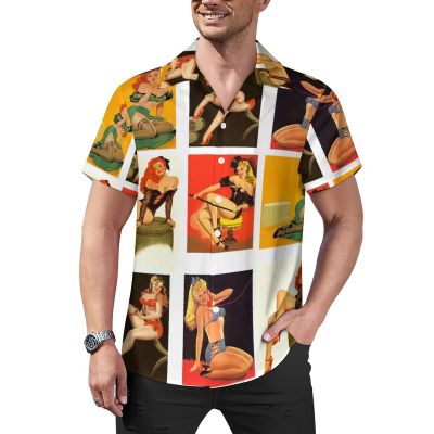 Pinup Girls Men's Shirts Casual Cuban Guayabera Shirt Button Down Short Sleeve Beach Hawaiian Tee Tops M
