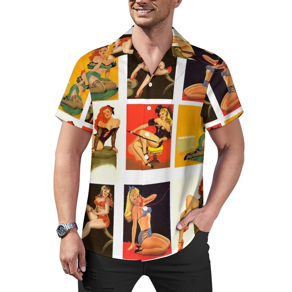 Pinup Girls Men's Shirts Casual Cuban Guayabera Shirt Button Down Short Sleeve Beach Hawaiian Tee Tops M