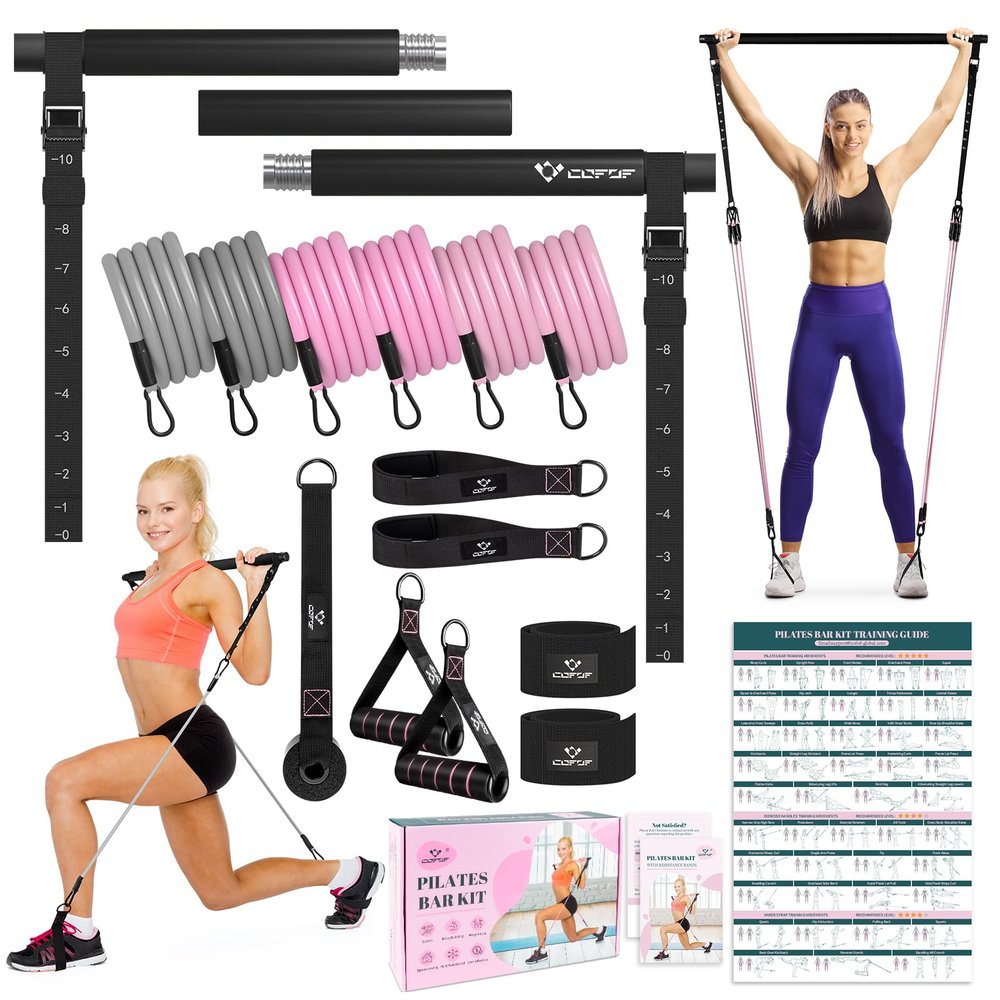 Pilates Bar Kit with Resistance Bands, Multifunctional Yoga Pilates Bar with Heavy-Duty Metal Adjustment Buckle, Portable Home Gym Pilates Resistance Bar Kit for Women Full Body Workouts -Jet Black