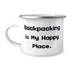 Epic Backpacking Gifts, Backpacking is My Happy Place, Birthday 12oz Camper Mug For Backpacking from Friends, Coffee mug, Travel mug, Tea mug, Camping mug, Insulated mug, Stainless steel mug view 1