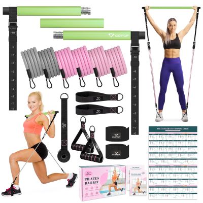 Pilates Bar Kit with Resistance Bands, Multifunctional Yoga Pilates Bar with Heavy-Duty Metal Adjustment Buckle, Portable Home Gym Pilates Resistance Bar Kit for Women Full Body Workouts -Forest