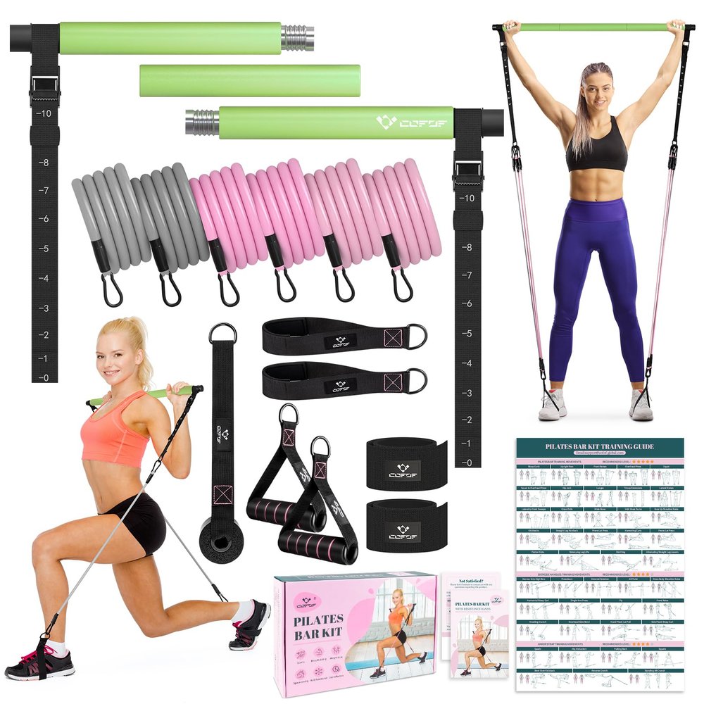 Pilates Bar Kit with Resistance Bands, Multifunctional Yoga Pilates Bar with Heavy-Duty Metal Adjustment Buckle, Portable Home Gym Pilates Resistance Bar Kit for Women Full Body Workouts -Forest
