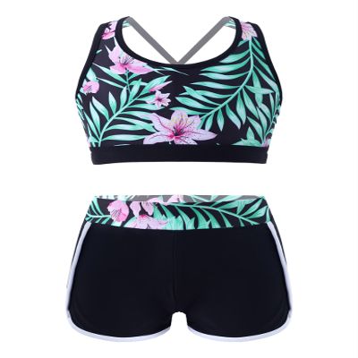 Nikiikoo Kids Girls 2 Piece Tankini Set Crop Top with Shorts Swimsuit Tracksuit for Gymnastics/Sports/Dance/Swimming B#Lily01 16 Years
