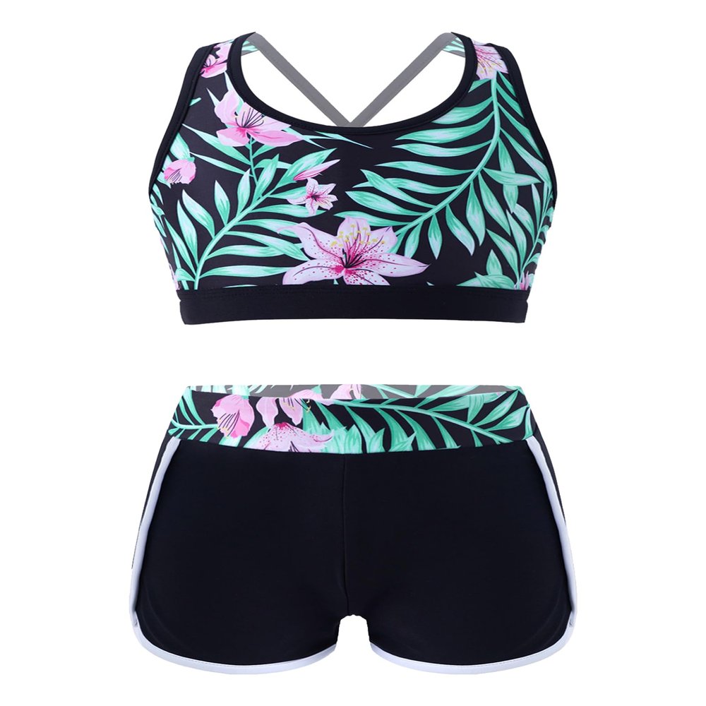 Nikiikoo Kids Girls 2 Piece Tankini Set Crop Top with Shorts Swimsuit Tracksuit for Gymnastics/Sports/Dance/Swimming B#Lily01 16 Years