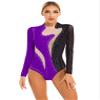 easyforever Womens Shiny Rhinestone Long Sleeve Dance Costume Ballet Dance Leotards Gymnastics Bodysuit Tops Black&Purple Small view 1
