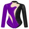 easyforever Womens Shiny Rhinestone Long Sleeve Dance Costume Ballet Dance Leotards Gymnastics Bodysuit Tops Black&Purple Small view 3