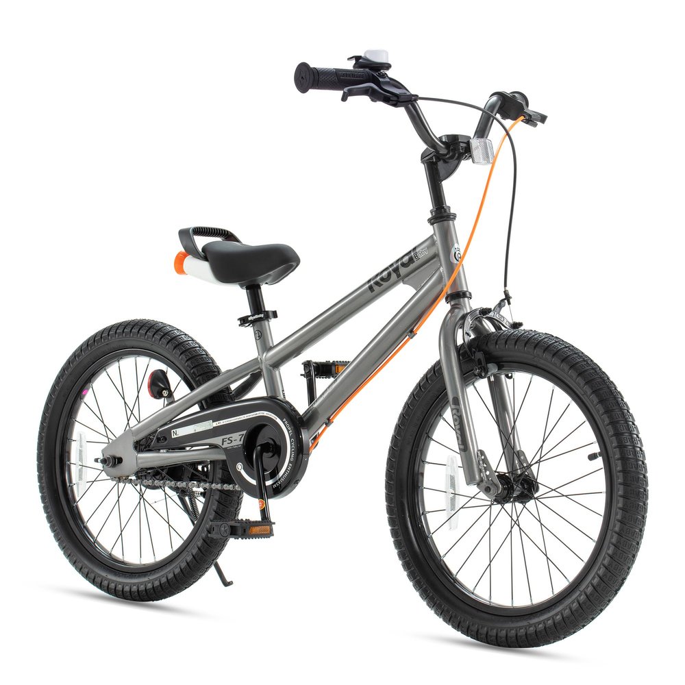 RoyalBaby Freestyle 7 Kids Bike 18 Inch Wheel Dual Handbrakes Bicycle Beginners Boys Girls Ages 5-8 Years, Kickstand and Water Bottle Included, Grey