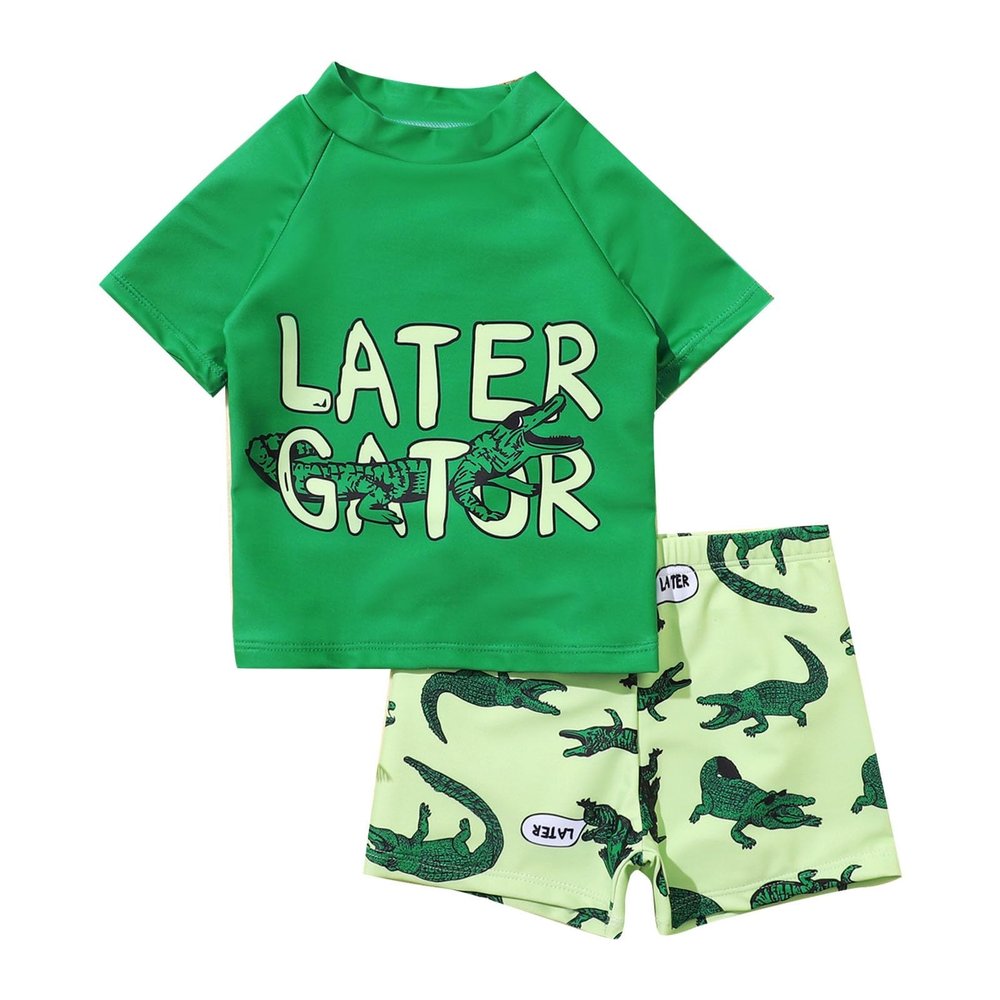 Boy Swimming Suit 14 16 Toddler Boys Bathing Suit Letter Short Sleeve Swimwear Dinosaur Swim Green (Green, 18-24 Months)