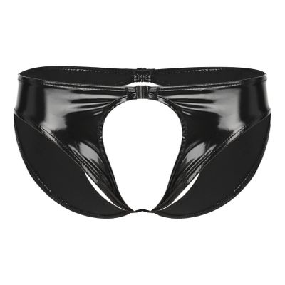 YiZYiF Men's Vinyl Low Waisted Boxer Shorts Press Button Bulge Pouch Lingerie Shorts Underwear 3# Black X-Large