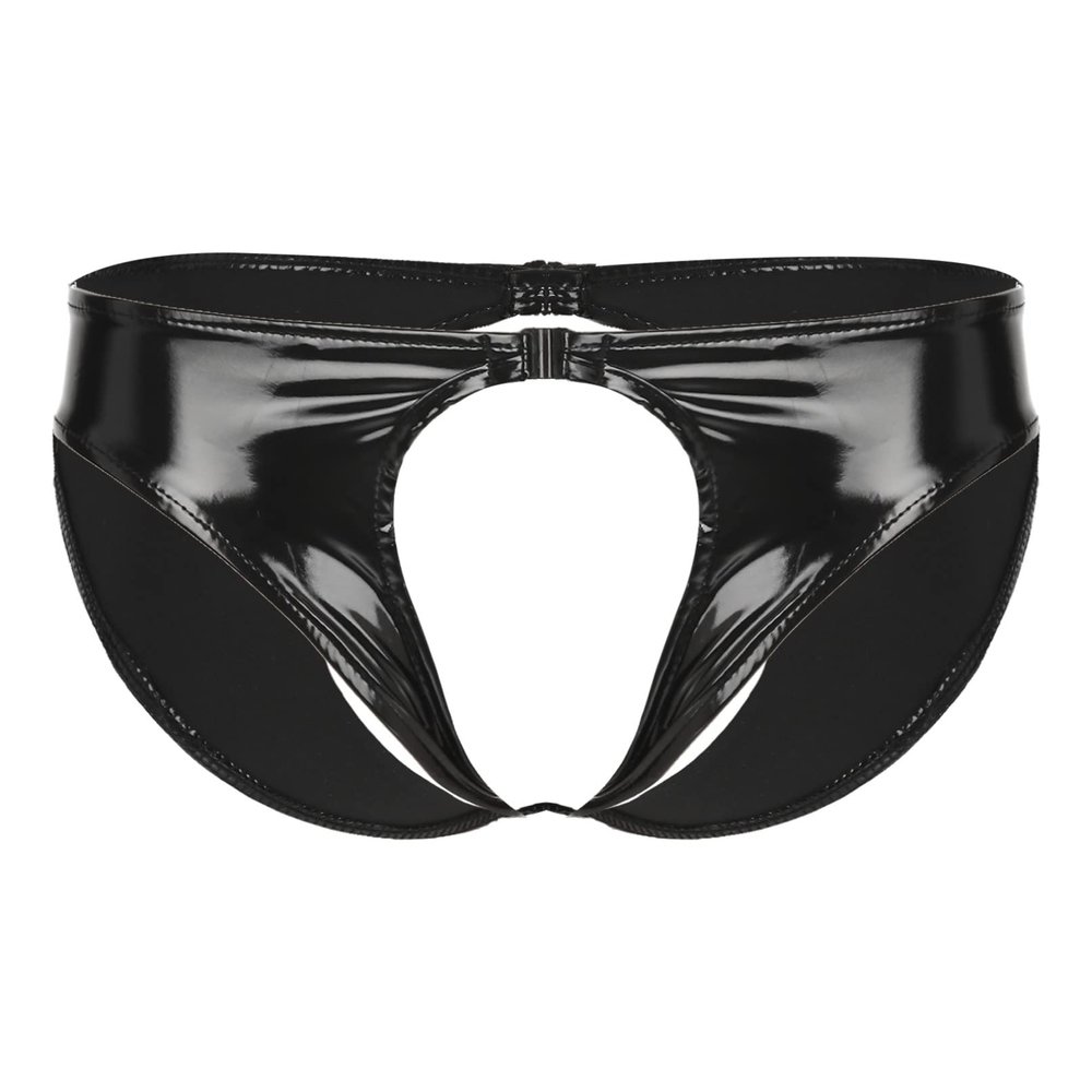 YiZYiF Men's Vinyl Low Waisted Boxer Shorts Press Button Bulge Pouch Lingerie Shorts Underwear 3# Black X-Large