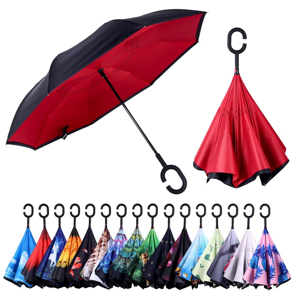 Wxjiahetai Inverted Umbrella, 49 Inch Double-Layer Vented Reverse Umbrella, Windproof Waterproof UV Protection, Lightweight C-Handle, Fiberglass Ribs, Steel Shaft, Travel/Commute/Car Use, With Sleeve