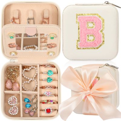 CHMI Travel Jewelry Case, White Travel Jewelry Box, Travel Jewelry Organizer, Travel Gifts for Women Girls, Jewelry Organizer Box, Birthday Gifts for Women, Christmas Gifts for Teens Girls - Initial B