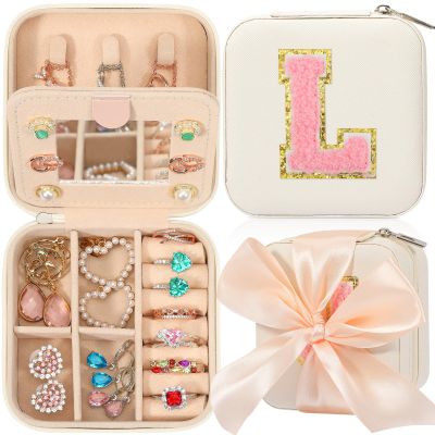 CHMI Travel Jewelry Case, White Travel Jewelry Box, Travel Jewelry Organizer, Travel Gifts for Women Girls, Jewelry Organizer Box, Birthday Gifts for Women, Christmas Gifts for Teens Girls - Initial L