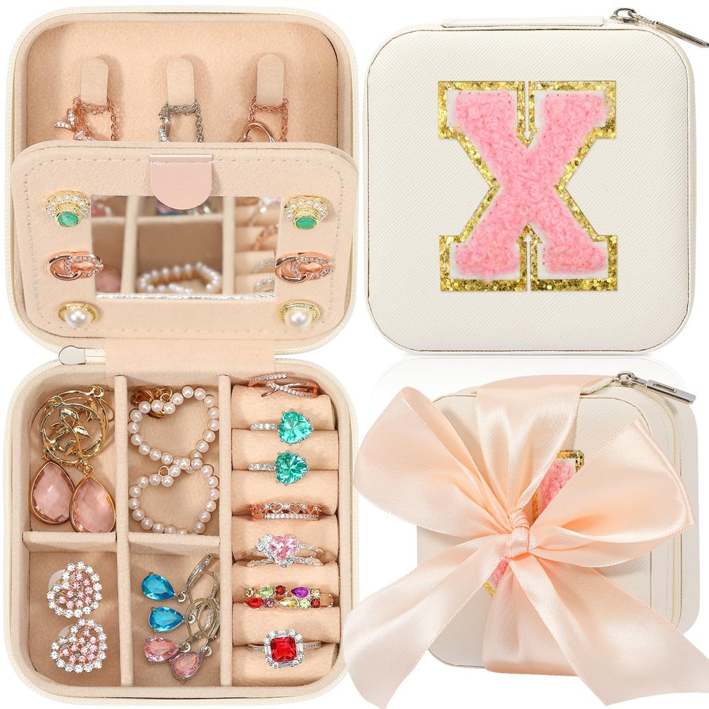 CHMI Travel Jewelry Case, White Jewelry Box, Jewelry Organizer - Travel Gifts for Women & Girls, Birthday & Christmas Gifts - Initial X
