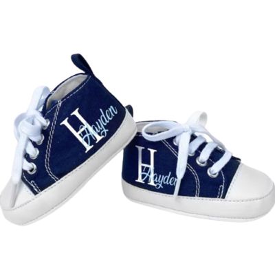 Personalized Infant Soft Sole Shoes, Custom Baby Boy Shoes Newborn First Shoes Personalized Blue High Tops (Style 1)