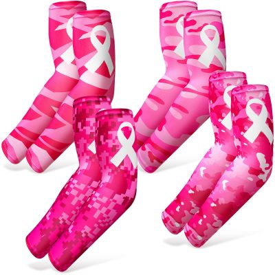 Geyoga 4 Pairs Breast Cancer Awareness Sleeves Pink Ribbon Arm Sleeves Cooling Compression Sleeves UV Protection Arm Cover (Camouflage Pink)