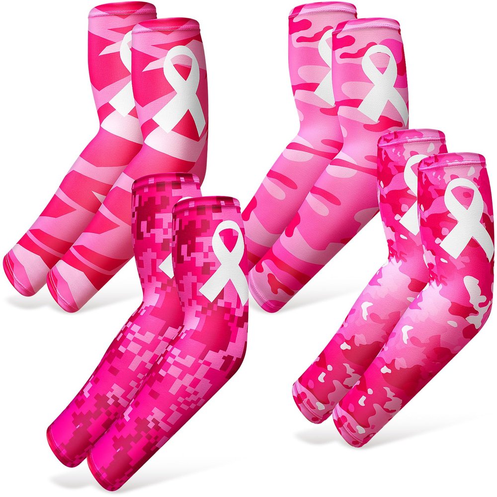 Geyoga 4 Pairs Breast Cancer Awareness Sleeves Pink Ribbon Arm Sleeves Cooling Compression Sleeves UV Protection Arm Cover (Camouflage Pink)