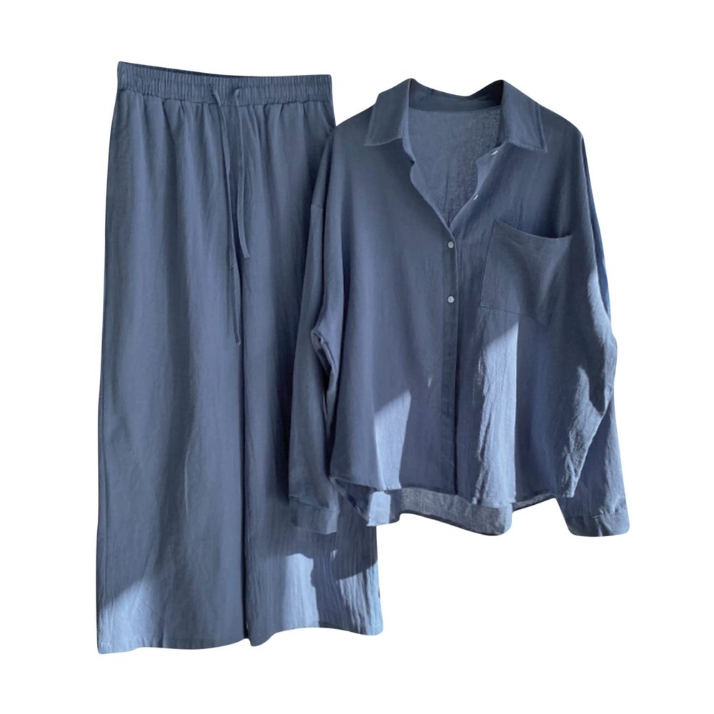 Women's Cotton Linen Two Piece Work Suits Summer Ladies Oversized Tops and Pants Sets Dressy Casual Solid Outfits