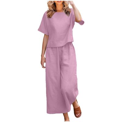 Women's Cotton Linen Two Piece Work Suits Summer Ladies Oversized Tops and Pants Sets Dressy Casual Solid Outfits