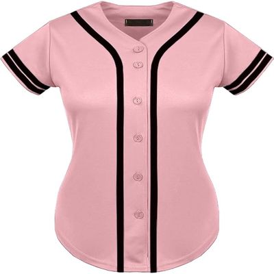 DIGITMON Women's Baseball Softball Jersey Button Down Premium Two-Stripe Sleeve Shirts Uniform PINKBLACK, X-Small