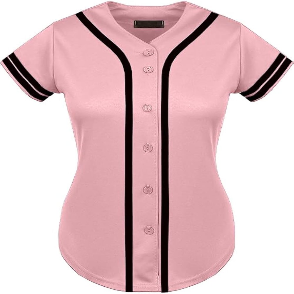 DIGITMON Women's Baseball Softball Jersey Button Down Premium Two-Stripe Sleeve Shirts Uniform PINKBLACK, X-Small