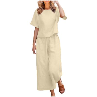 Women's Cotton Linen Two Piece Work Suits Summer Ladies Oversized Tops and Pants Sets Dressy Casual Solid Outfits