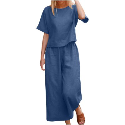 Women's Cotton Linen Two Piece Work Suits Summer Ladies Oversized Tops and Pants Sets Dressy Casual Solid Outfits